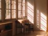 Sunlight streams into a cozy room with a desk.